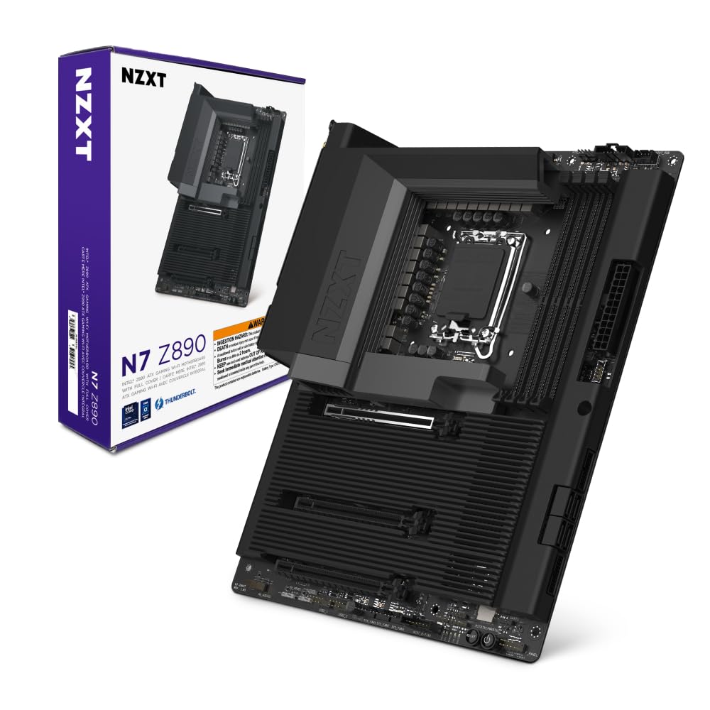 NZXT N7 Z890 – Scheda Madre Gaming Intel Z890 LGA 1851 ATX per Core Ultra (Serie 2) - 16+1+2, DDR5, 5x M.2, PCIe 5.0, Wi-Fi 6E, 2.5GbE, Thunderbolt 4 - Copertura Completa – Nero