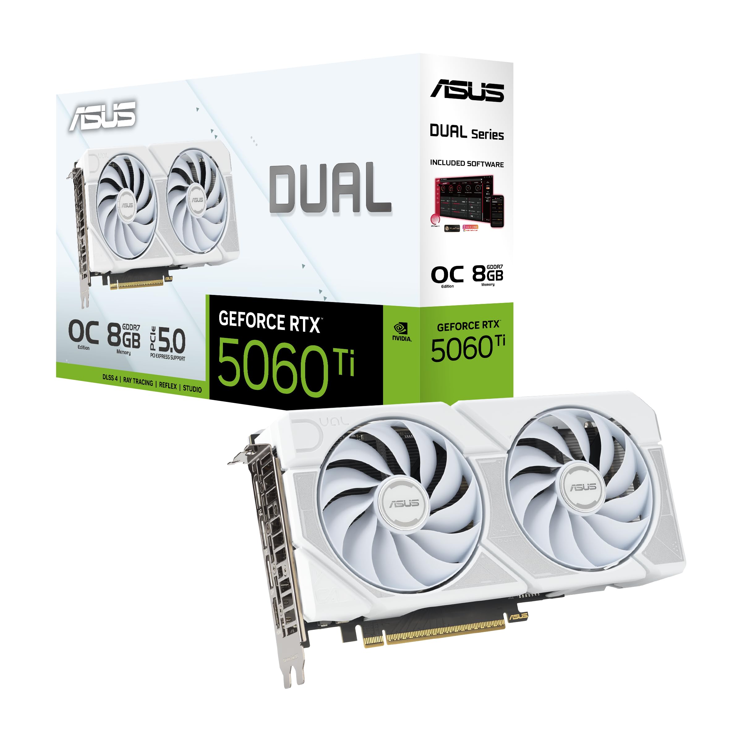 ASUS Dual NVIDIA GeForce RTX 5060 Ti OC Edition, Scheda Grafica da 8GB GDDR7, 128 Bit, PCIe 5.0, Ventole Axial-Tech, 1 HDMI 2.1, 3 DisplayPort 2.1, GPU Tweak III, Bianco, DUAL-RTX5060TI-O8G-WHITE