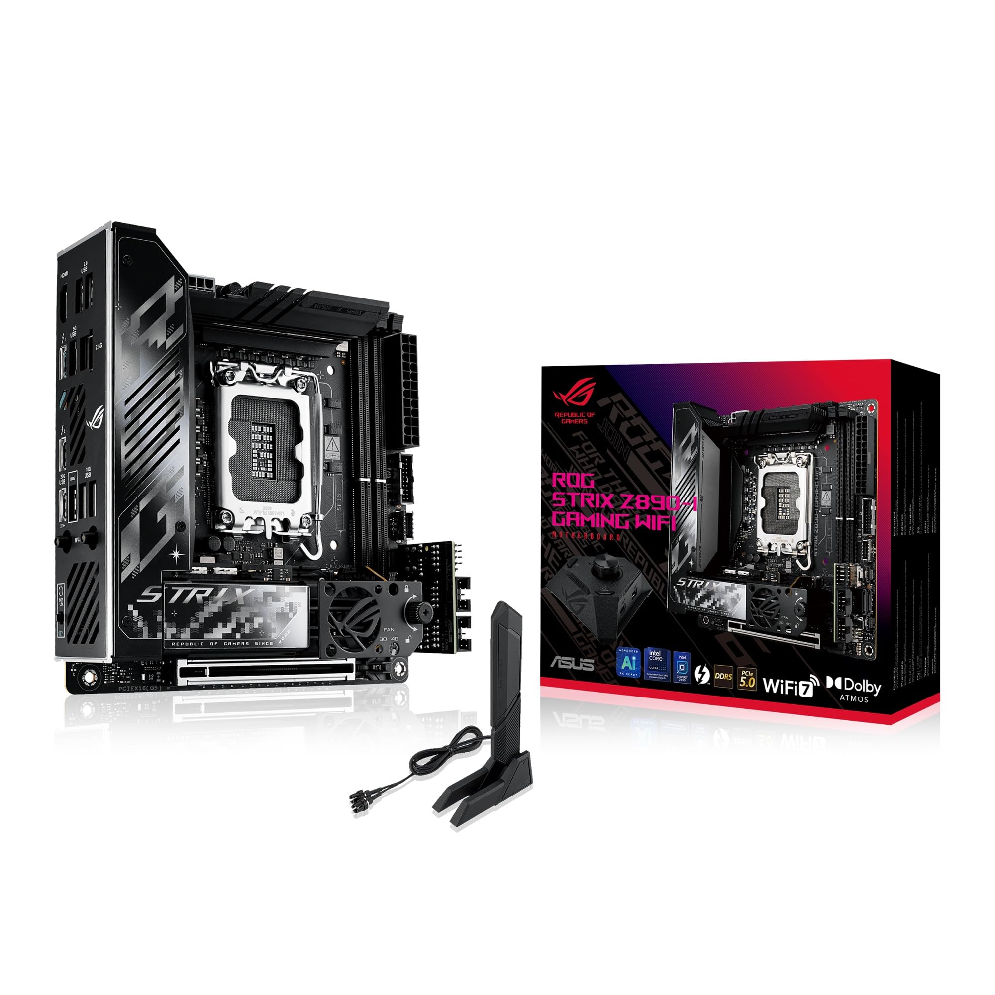 ASUS ROG Strix Z890-I Gaming WiFi, Scheda Madre Intel Mini-iTX, 10+1+2+1 Fasi di Alimentazione, Slot DDR5, PCIe 5.0, GPU di Nuova Generazione, 2 Slot M.2, WiFi 7, AI Overclocking, AI Networking II