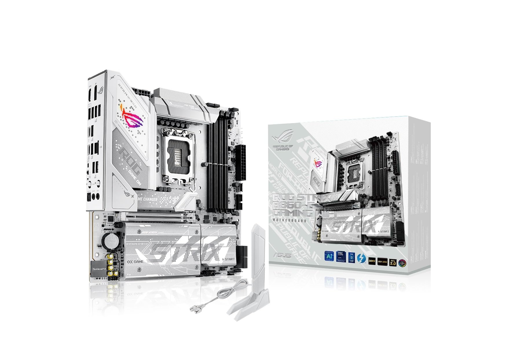 ASUS ROG Strix B860-G Gaming WiFi, Scheda Madre Intel mATX, 14+1+2+1 Fasi di Alimentazione, Slot DDR5, PCIe 5.0, Adatta per PC AI-Advanced, 4 Slot M.2, WiFi 7, AI Networking II, Aura Sync RGB, Bianca