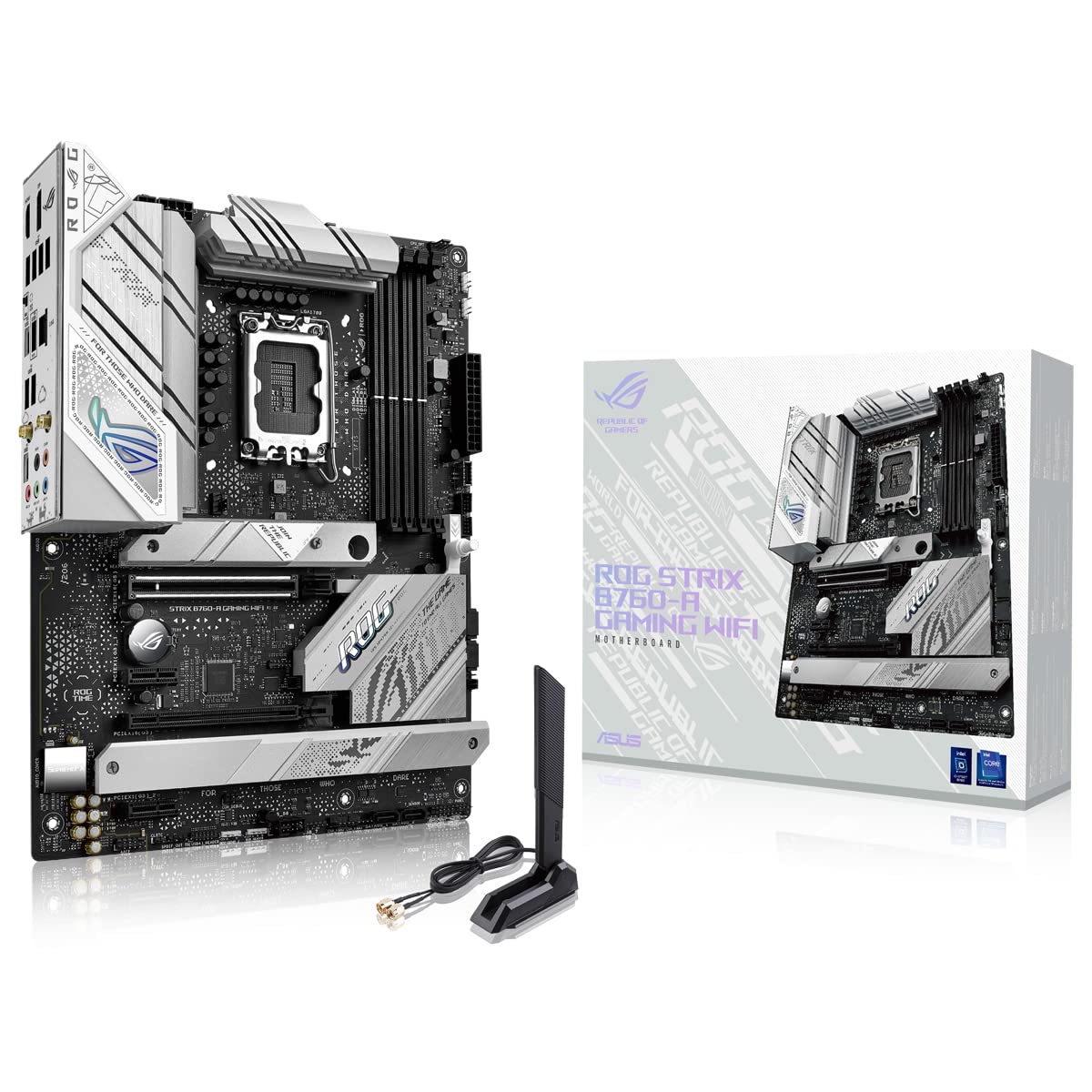 ASUS ROG Strix B760-A Gaming WIFI Scheda madre Intel LGA1700 ATX, 12 + 1 fasi d’alimentazione, DDR5, PCIe 5.0, 3 slot M.2, WIFI &E, USB 3.2 Gen 2 Type-C, Aura Sync RGB, Bianco