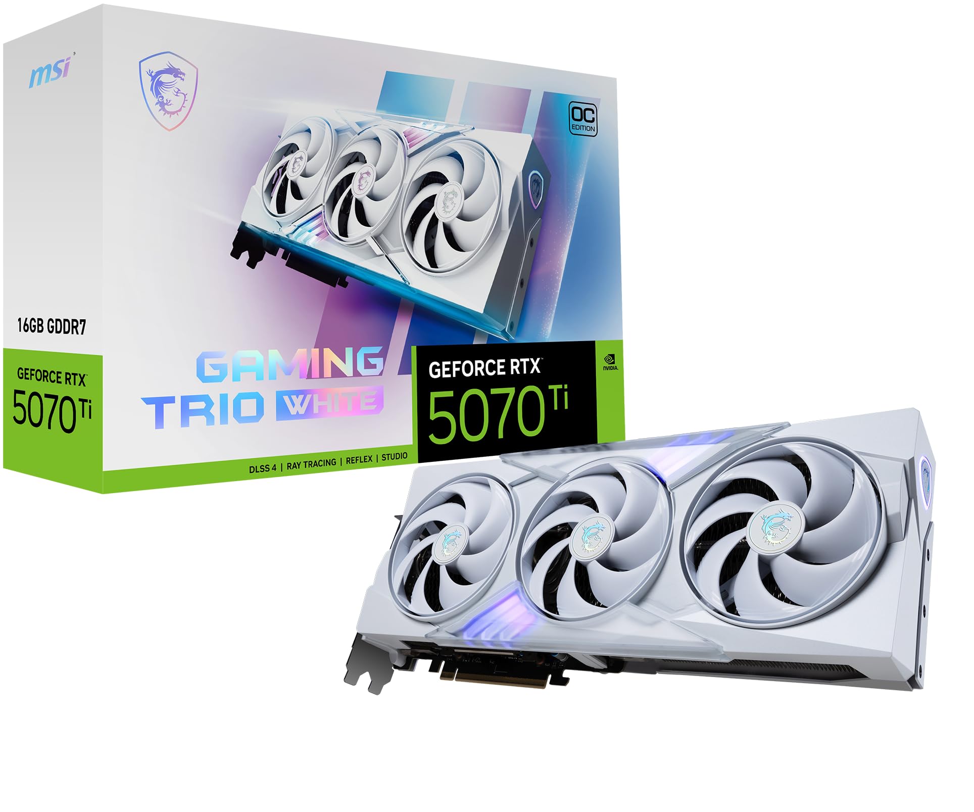 MSI NVIDIA GeForce RTX 5070 Ti 16G GAMING TRIO OC WHITE Carte Graphique - 16 Go GDDR7 (28 GB/s, 256-bit), PCIe 5.0 - TRI FROZR 4 (3 x Ventilateurs STORMFORCE) - RGB - HDMI 2.1b, DisplayPort 2.1b