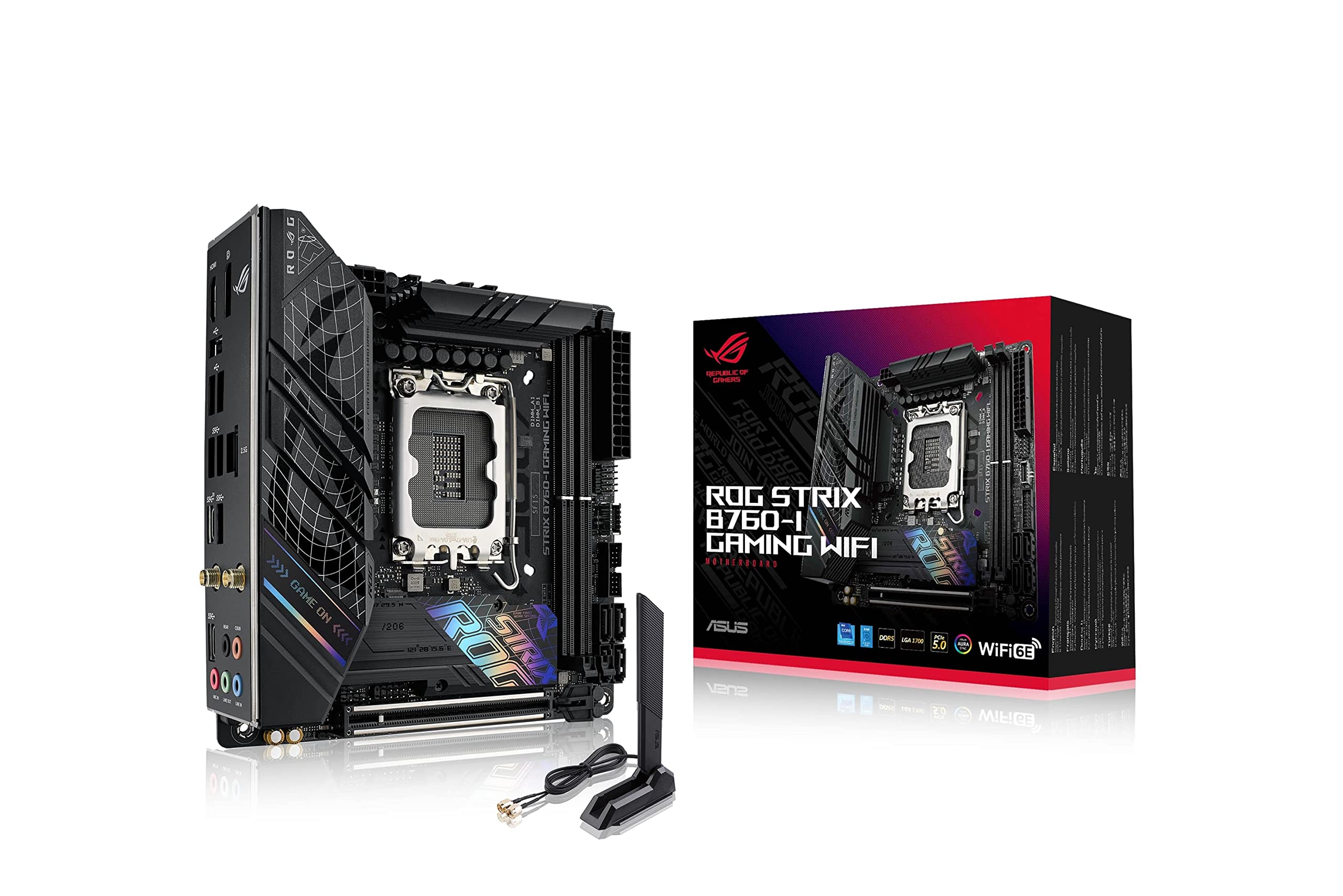ASUS ROG STRIX B760-I GAMING WIFI Intel® B760 LGA 1700 Scheda madre mini-ITX, DDR5, PCIe 5.0 x16 SafeSlot, 2 slot PCIe 4.0 M.2, WiFi 6E, 2.5G Ethernet, USB 3.2 Gen 2x2 Type-C®, AEMP II, Aura Sync RGB