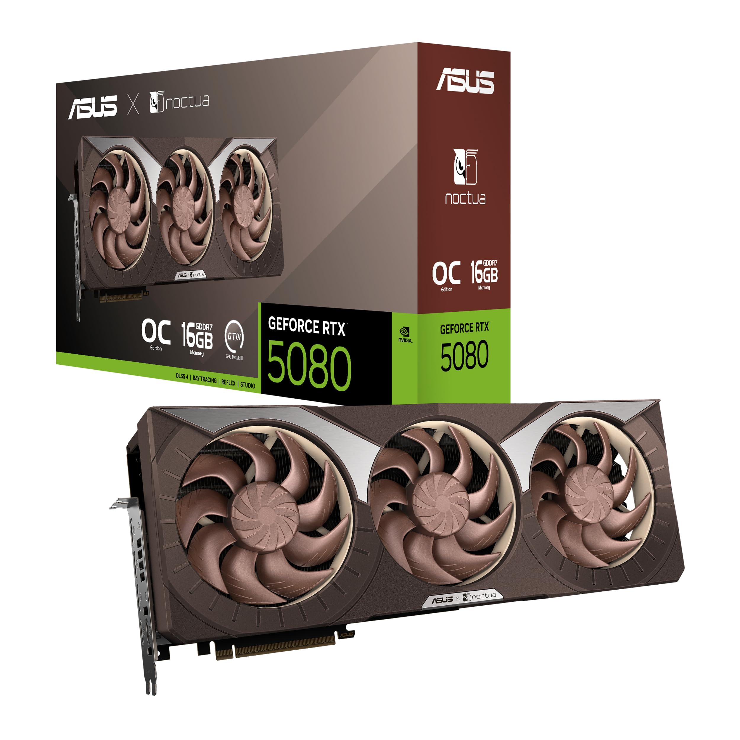 ASUS NVIDIA GeForce RTX 5080 Noctua OC Edition, Scheda Grafica 16GB GDDR7, 256 Bit, PCIe 5.0, 2 HDMI 2.1, 3 DisplayPort 2.1, Software GPU Tweak III, Marrone, RTX5080-O16G-NOCTUA