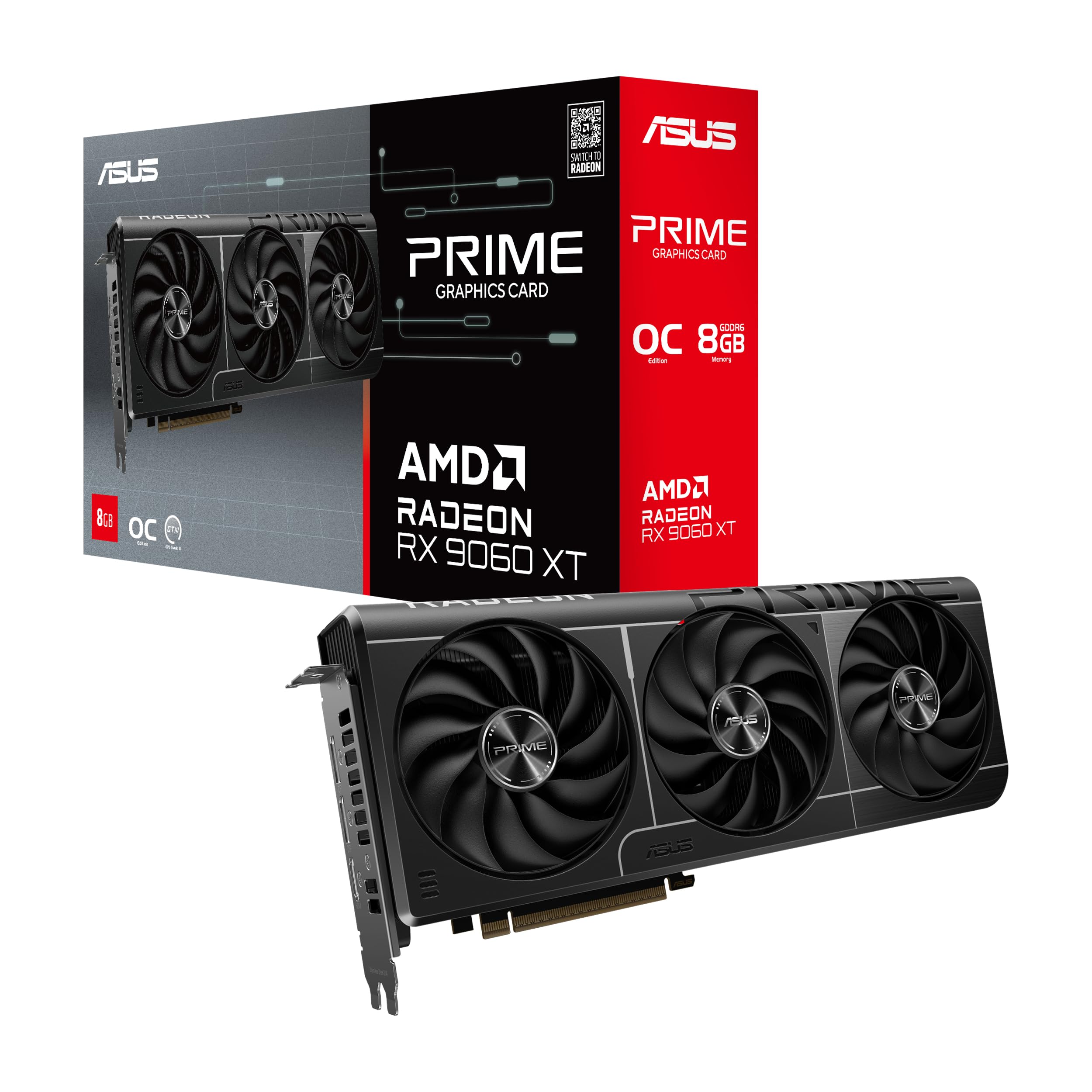 ASUS Prime AMD Radeon RX 9060 XT OC Edition, Scheda Grafica 8 GB GDDR6, 128 Bit, PCIe 5.0, 1 HDMI 2.1, 2 DisplayPort 2.1, Design a 2.5 Slot, Ventole Axial-Tech, GPU Tweak III, PRIME-RX9060XT-O8G