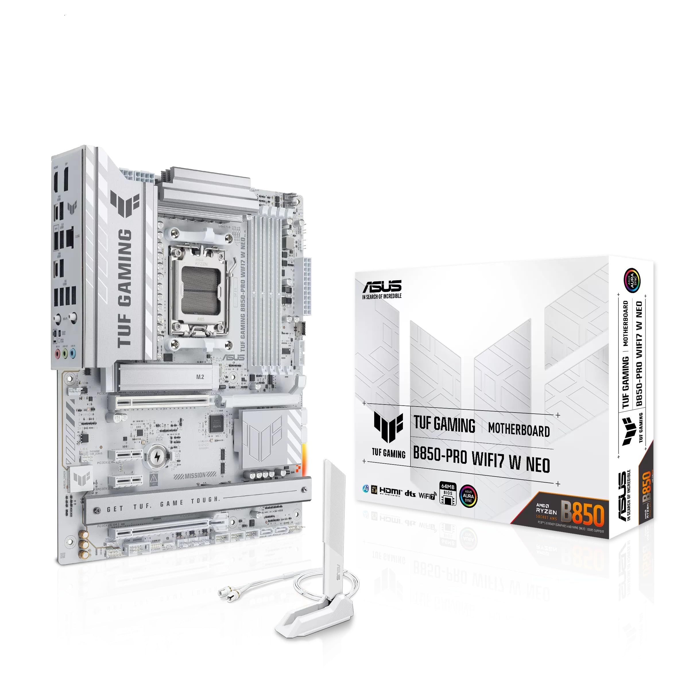 ASUS TUF Gaming B850-PRO WiFi7 Neo, Scheda Madre AMD ATX, 14+2+1 Fasi Alimentazione, Slot DDR5, PCIe 5.0 Ready, 3 slot M.2, WiFi 7, Ethernet Realtek 2,5 GB, USB-C da 20 Gbps, Aura Sync, Bianco