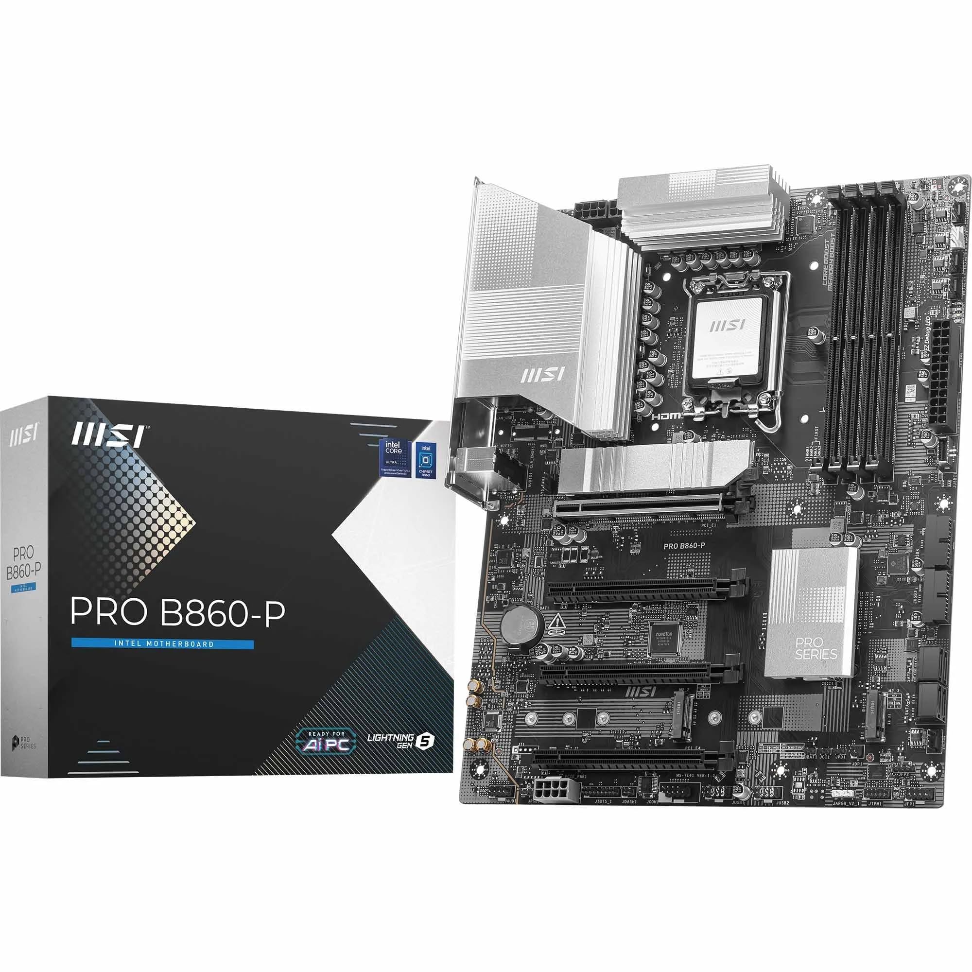 MSI PRO B860-P - Scheda madre ATX, supporta processori Intel Core Ultra (Serie 2), LGA 1851, 12 fasi di alimentazione, Boost memoria DDR5 (8600+ MT/s OC), PCIe 5.0 x16 e 4.0 x16, M.2 Gen5, LAN 5G