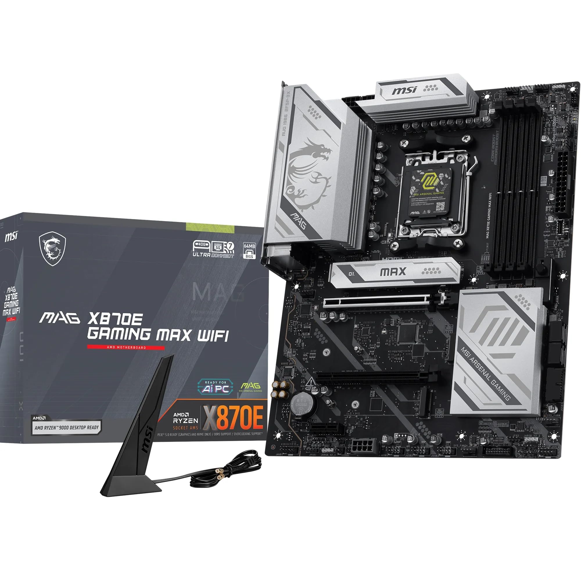 MSI MAG X870E GAMING MAX WIFI – Scheda Madre ATX, Supporto Processori AMD Ryzen 9000/8000/7000 AM5, DDR5 fino a 8200+ MT/s OC, PCIe 5.0 x16, M.2 Gen5, Wi-Fi 7, LAN 5G