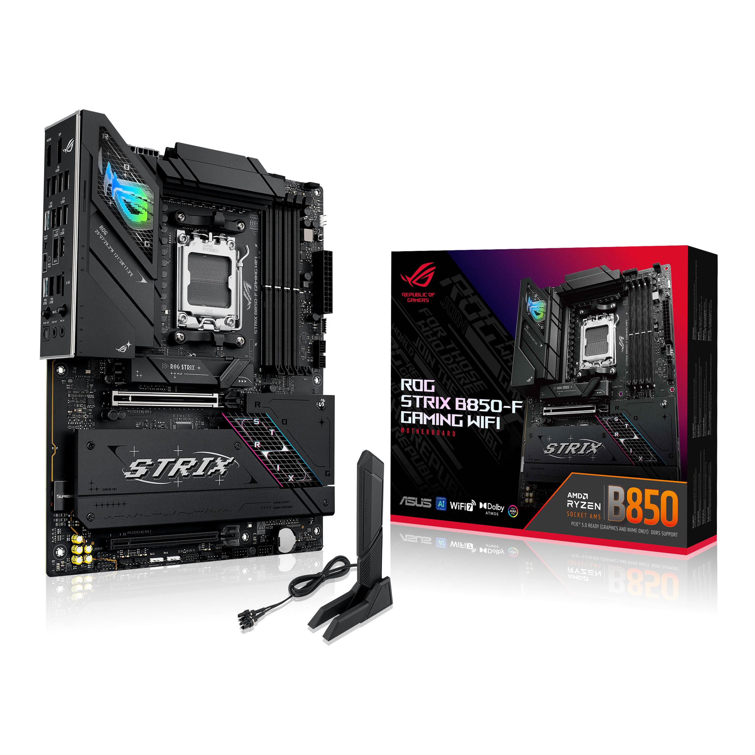 ASUS ROG Strix B850-F Gaming WiFi, Scheda Madre AMD ATX, 16+2+2 Fasi di Alimentazione, Slot DDR5, PCIe 5.0 con Slot Q-Release, 4 slot M.2, WiFi 7 con WiFi Q-Antenna, AI Advisor, AI Networking II