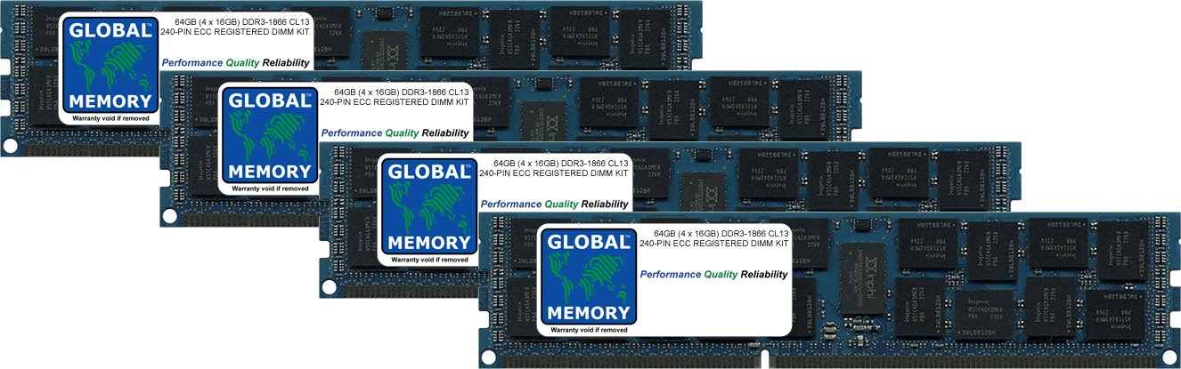 GLOBAL MEMORY - Kit di memoria RAM, 64gb kit (4 X 16gb) DDR3, 1866 Mhz, PC3 – 14900, 240-PIN, DIMM (RDIMM), per Apple Mac Pro (fine 2013)
