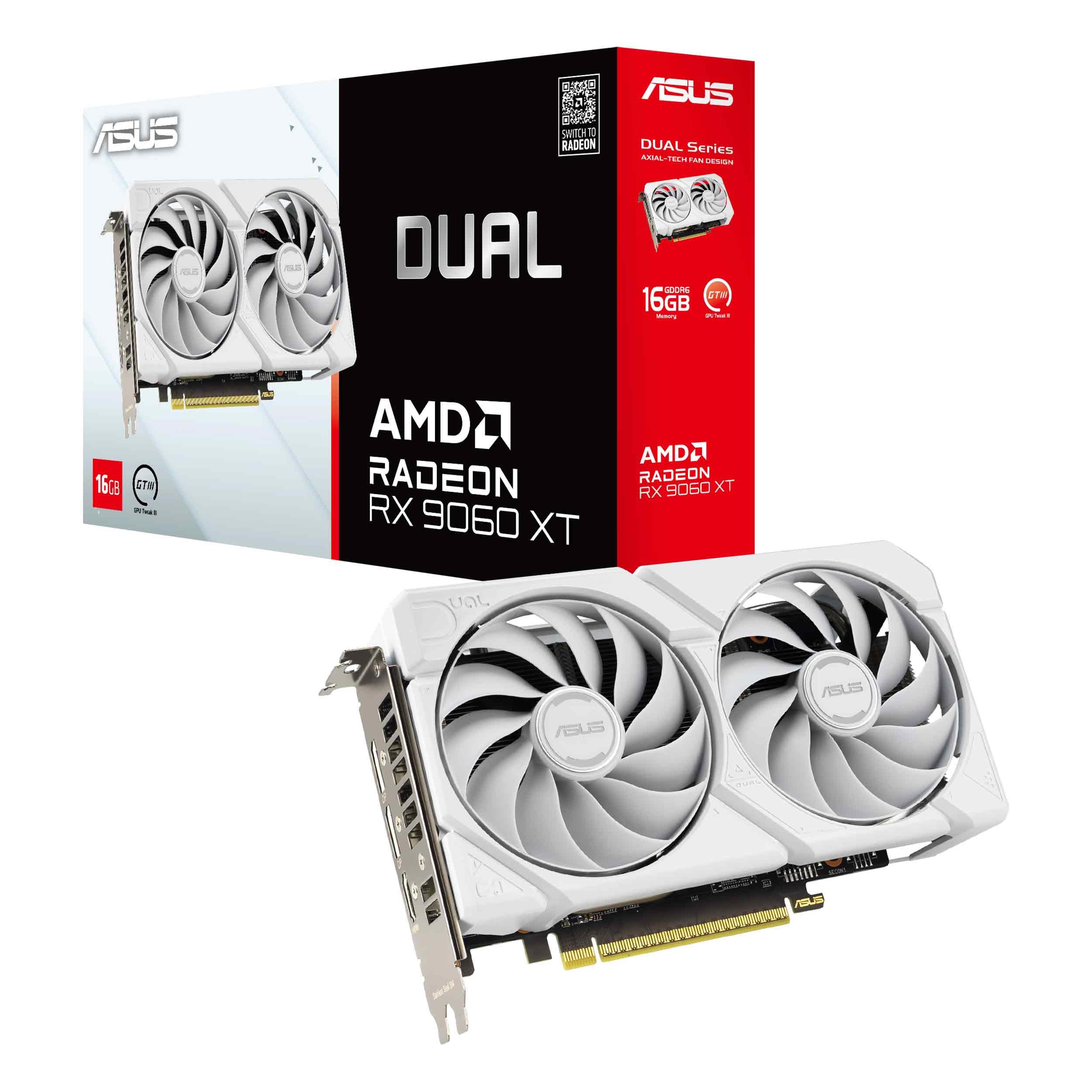 ASUS Dual AMD Radeon RX 9060 XT, Scheda Grafica 16G GDDR6, 128 Bit, PCIe 5.0, 1 HDMI 2.1, 2 DisplayPort 2.1, Ventole Axial-Tech, Tecnologia 0db, GPU Tweak III, Bianco, DUAL-RX9060XT-16G-WHITE