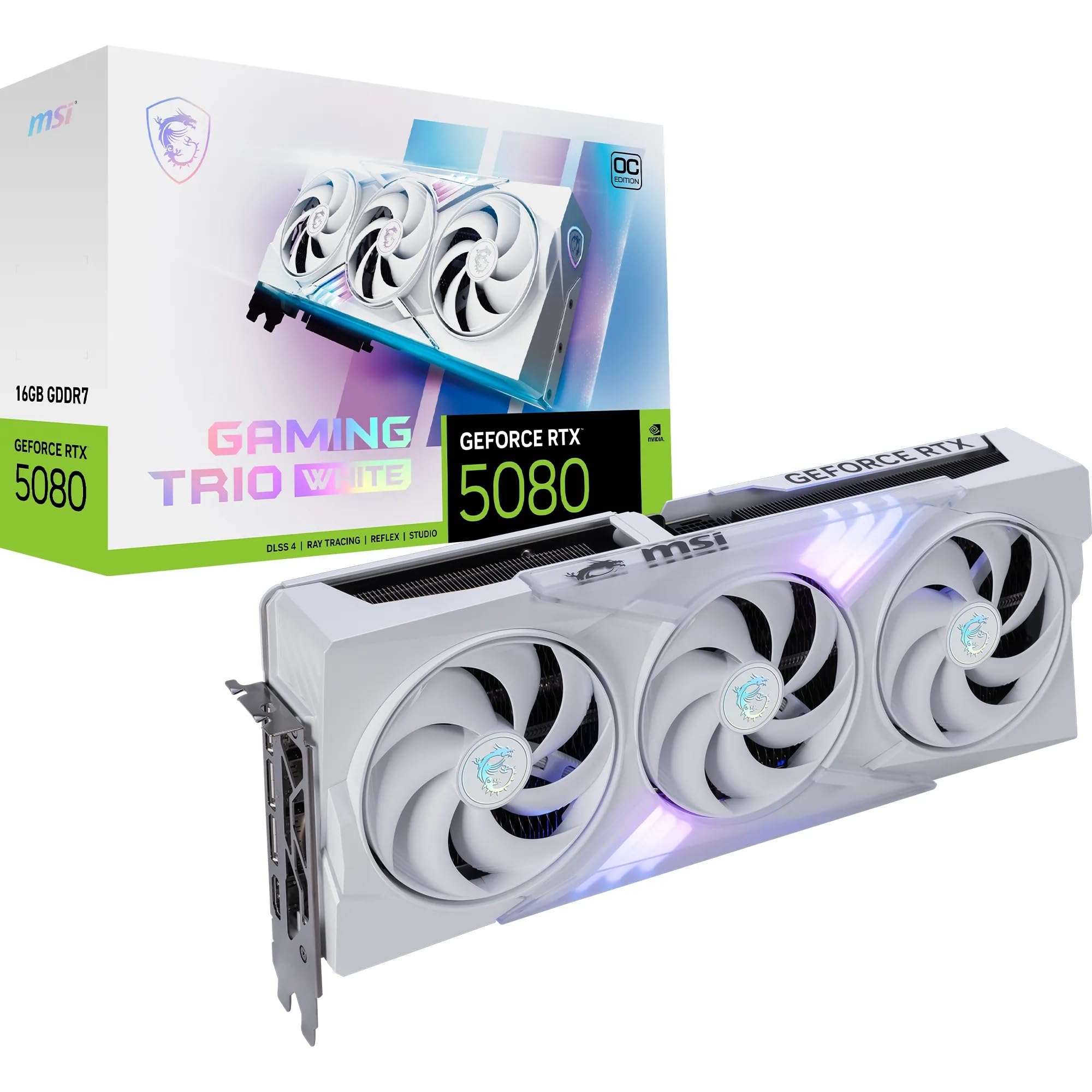 msi NVIDIA GeForce RTX 5080 16G GAMING TRIO OC WHITE Carte Graphique - 16 Go GDDR7 (30 GB/s, 256-bit), PCIe 5.0 - TRI FROZR 4 (3 x Ventilateurs STORMFORCE), RGB - HDMI 2.1b, DisplayPort 2.1b