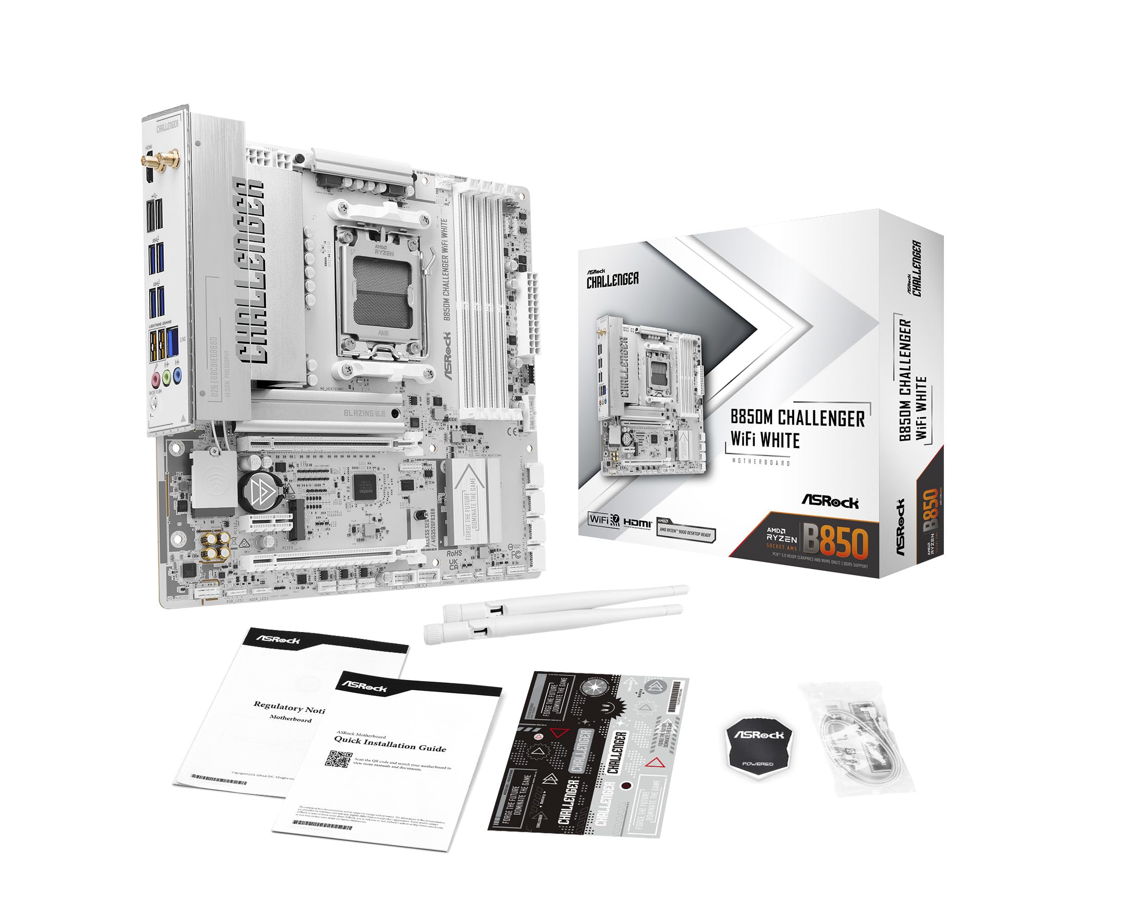 ASRock B850M Challenger WiFi White Socket AM5 Micro-ATX Scheda madre, compatibile con AMD Ryzen Serie 9000/8000/7000, B850, DDR5 8000+(OC), PCIe 5.0, WiFi 7, LAN 2.5G, porte Lightning da gioco