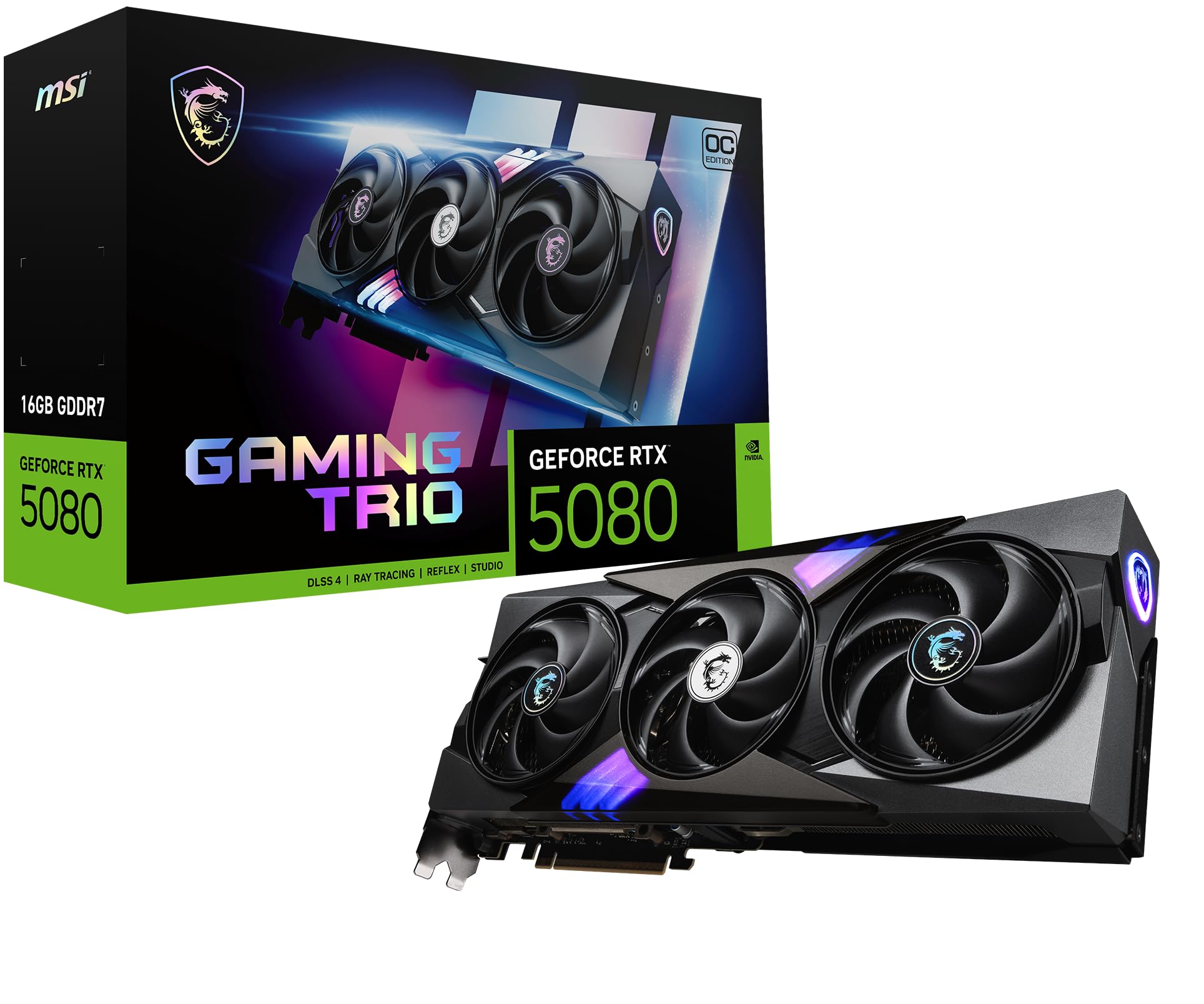 msi NVIDIA GeForce RTX 5080 16G GAMING TRIO OC Carte Graphique - 16 Go GDDR7 (30 GB/s, 256-bit), PCIe 5.0, TRI FROZR 4 (3 x Ventilateurs STORMFORCE), RGB - HDMI 2.1b, DisplayPort 2.1b