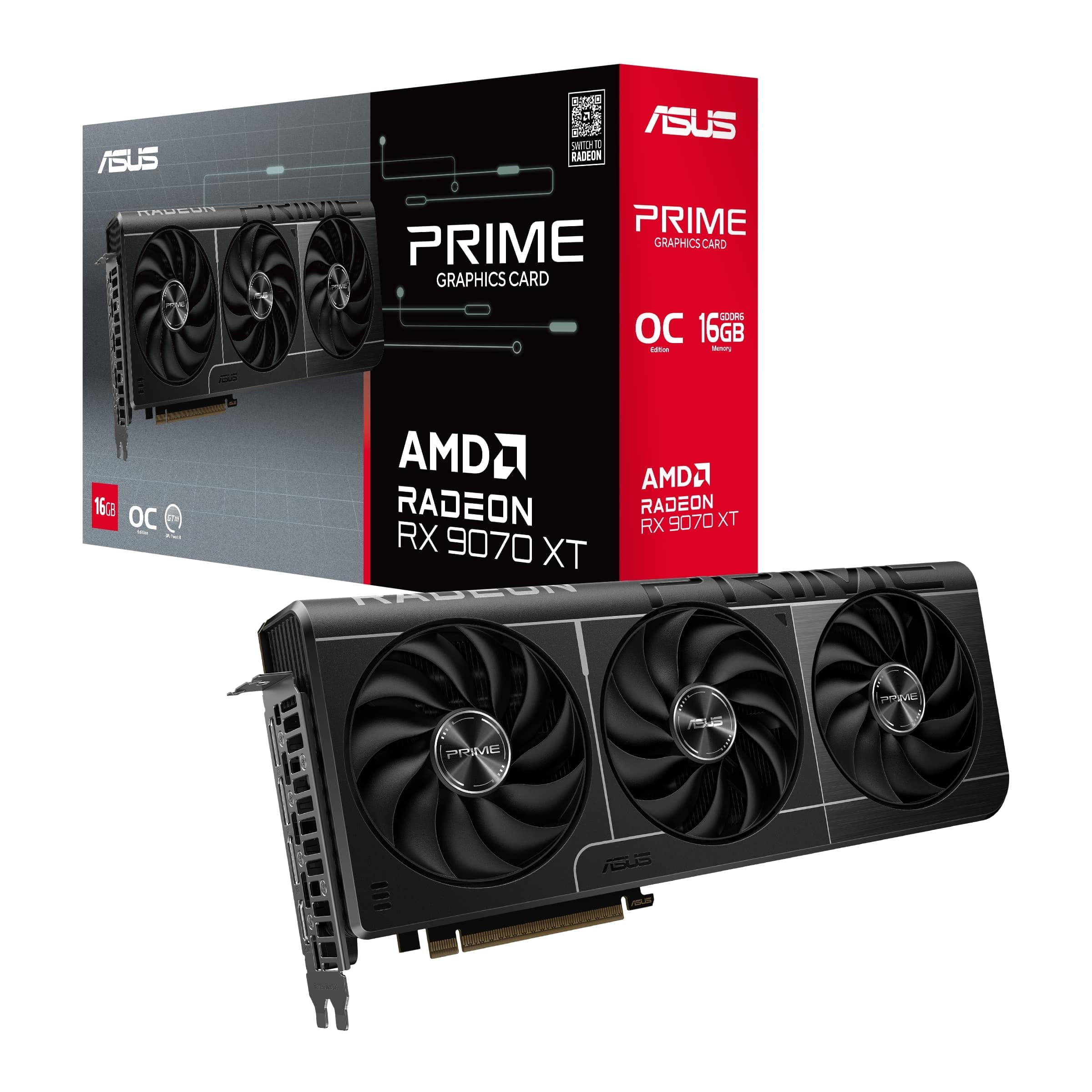 ASUS PRIME AMD RX 9070 XT OC Edition, Scheda Grafica 16 GB GDDR6, 256 Bit, PCIe 5.0, 1 HDMI 2.1, 3 DisplayPort 2.1, Software GPU Tweak III, Nero, PRIME-RX9070XT-O16G