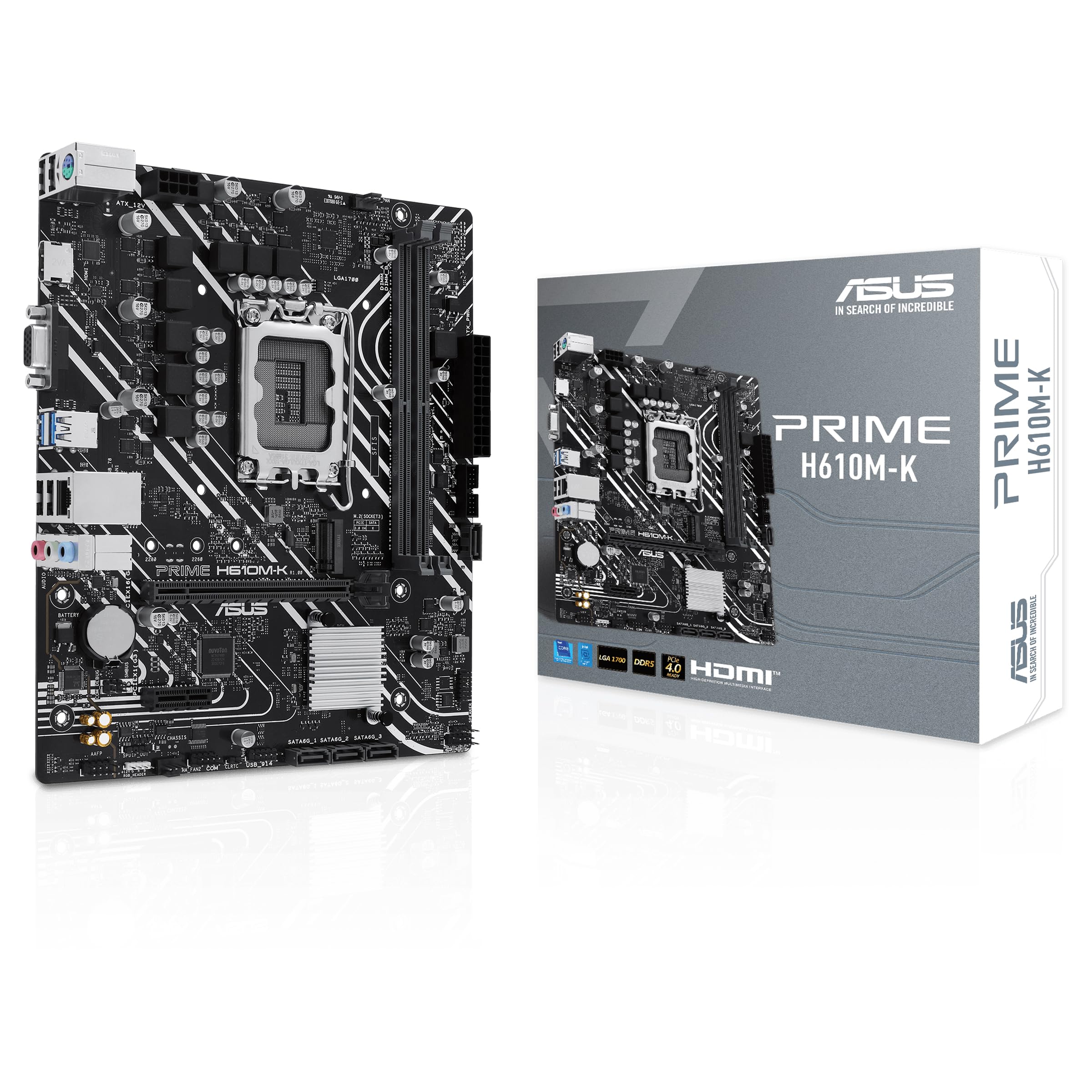 ASUS PRIME H610M-K Scheda madre mATX Intel H610 (LGA 1700), DDR5, PCIe 4.0, slot M.2, Realtek 1 Gb Ethernet, HDMITM, VGA, USB 3.2 Gen 1, SATA 6 Gbps, intestazione COM, intestazione RGB