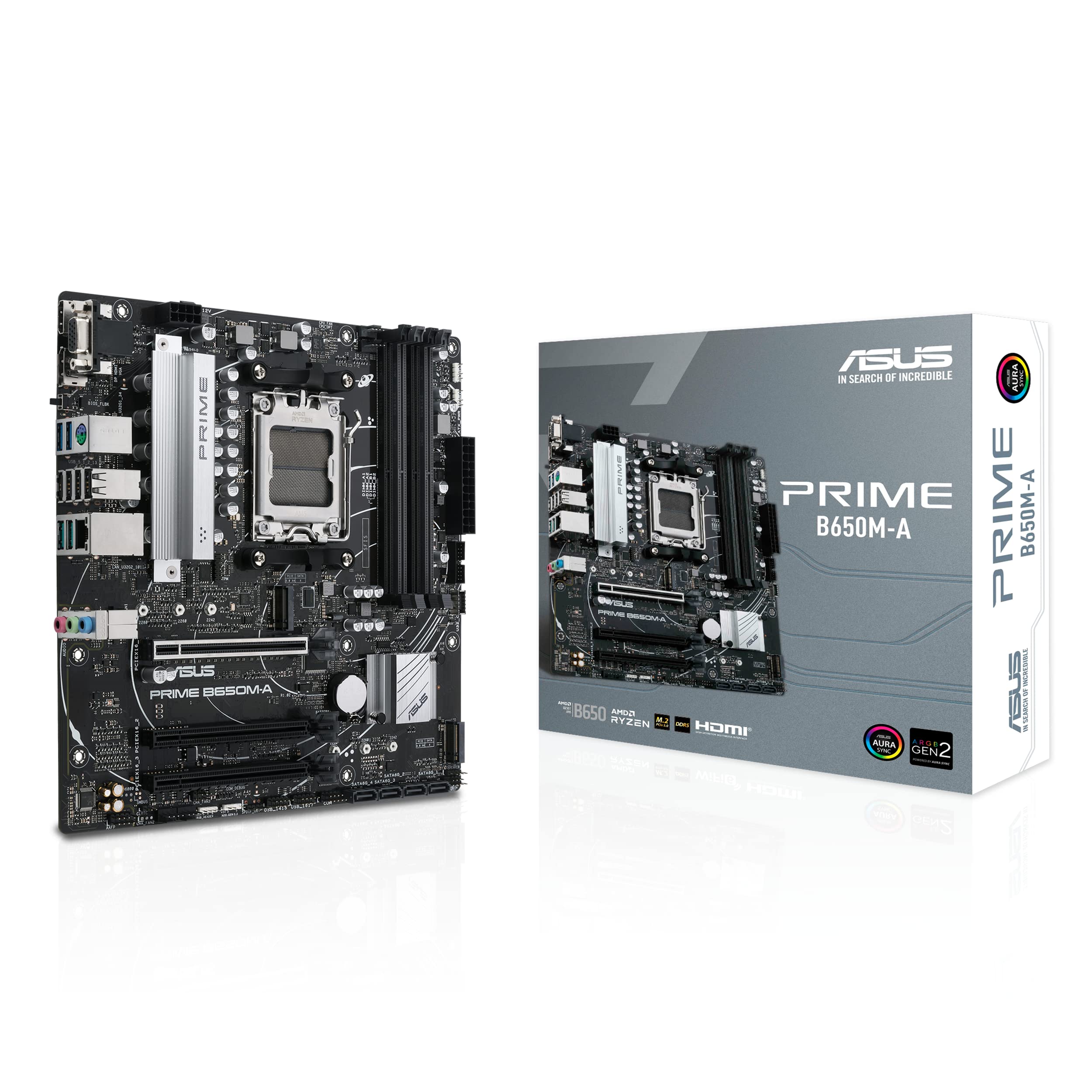 ASUS PRIME B650M-A, Scheda madre AMD Micro-ATX, Ryzen 9000/8000/7000, DDR5, Supporto PCIe 5.0 M.2, Lan 2.5Gb, DP, VGA, HDMI, SATA 6 Gbps, USB 3.2 Gen 2 e Type-C, BIOS FlashBack, Aura Sync, Nera