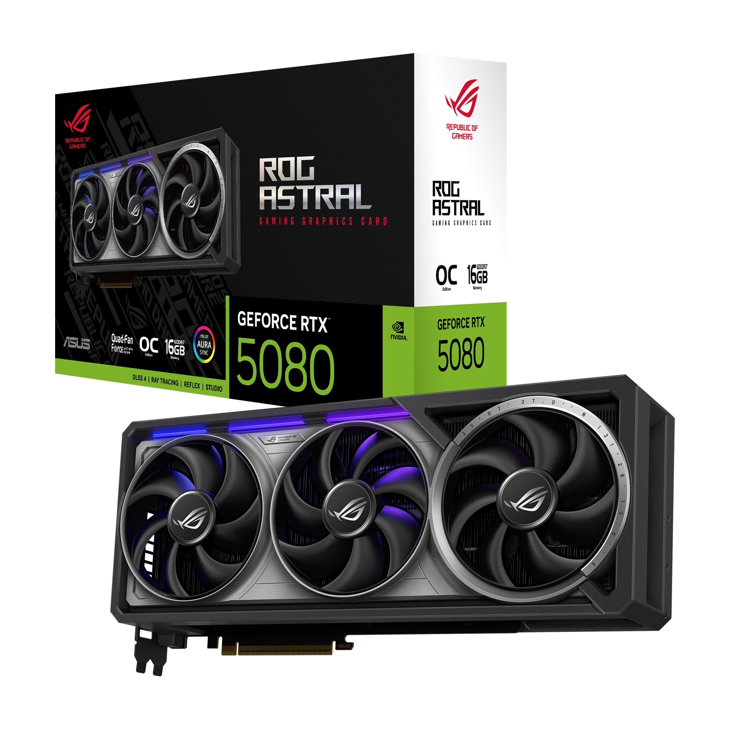 ASUS ROG Astral GeForce RTX 5080 OC Edition, Scheda Grafica NVIDIA 16 GB GDDR7, 256 bit, PCIe 5.0, HDMI, DisplayPort, Quattro Ventole Assiali, GPU Tweak III, Nera, ROG-ASTRAL-RTX5080-O16G-GAMING