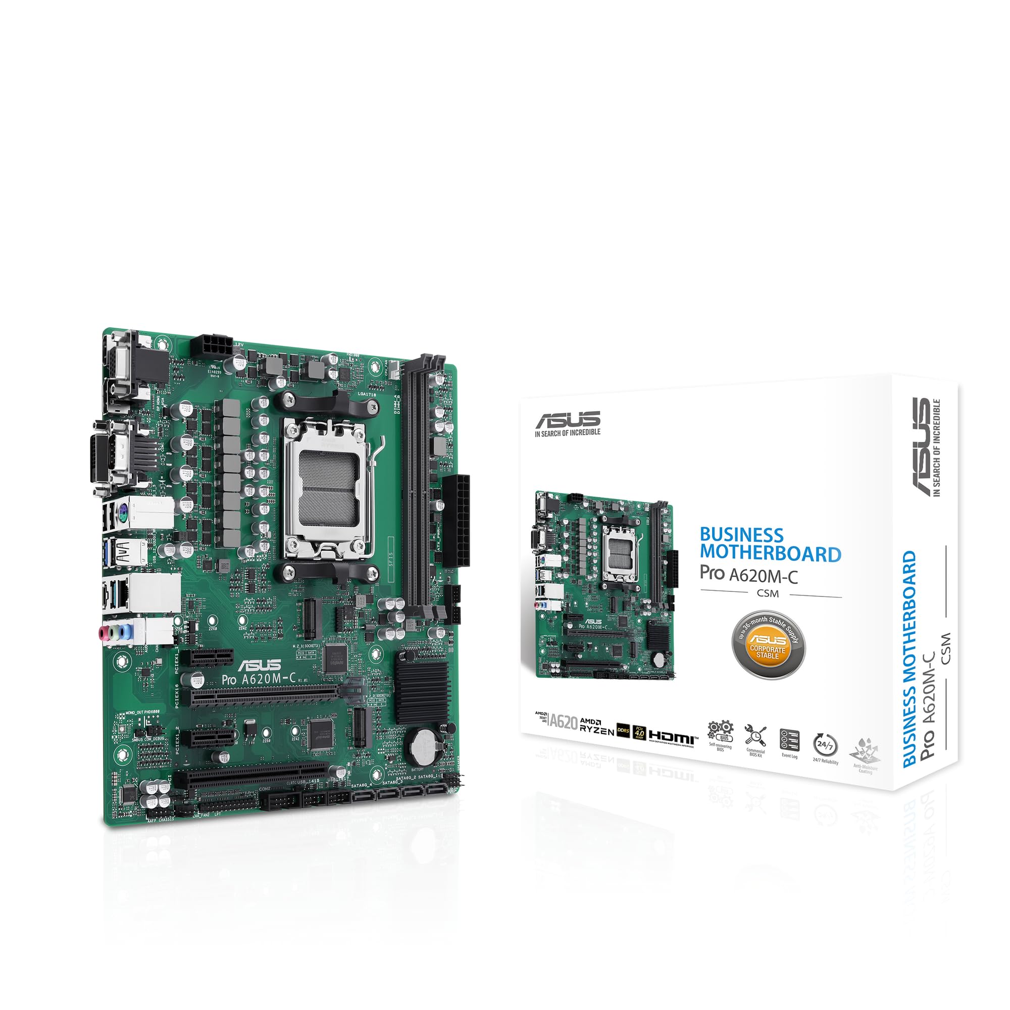 ASUS Pro A620M-C-CSM, Pro A620M-C-CSM Scheda madre mATX con design PCB a 6 strati, DDR5, DisplayPort, HDMI, VGA, DVI-D, PCIe 4.0 M. 2, Ethernet Realtek 1Gb, Q-LED Core, Header SMBUS, SafeSlot Core
