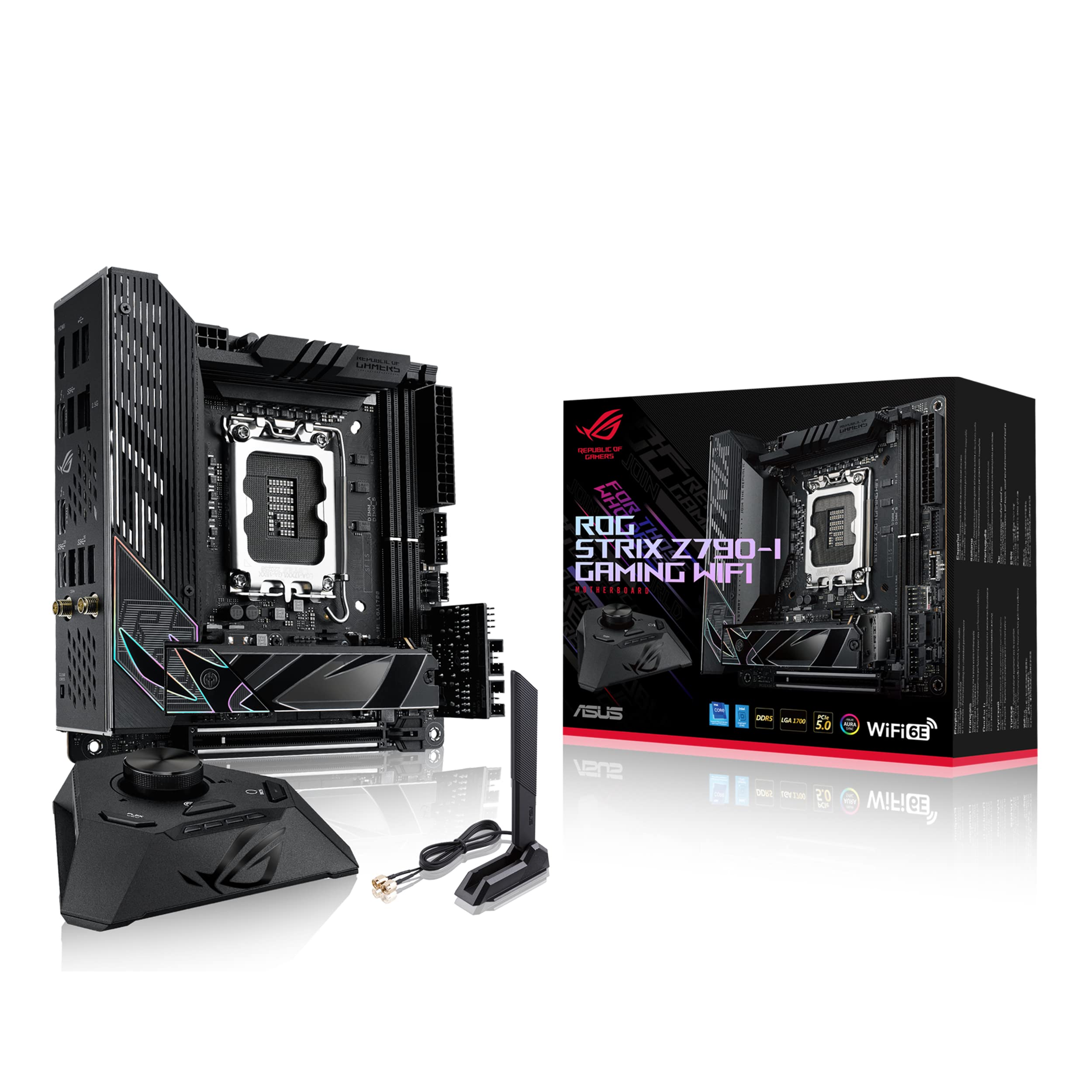 ASUS ROG STRIX Z790-I GAMING WIFI Scheda Madre Gaming Mini-ITX, Intel Z790, LGA1700, DDR5, PCI 5.0, WiFi 6E (802.11ax), Intel 2.5Gb Ethernet, 2xM.2, 2xSATA 6GB/s, Aura Sync RGB, Nero