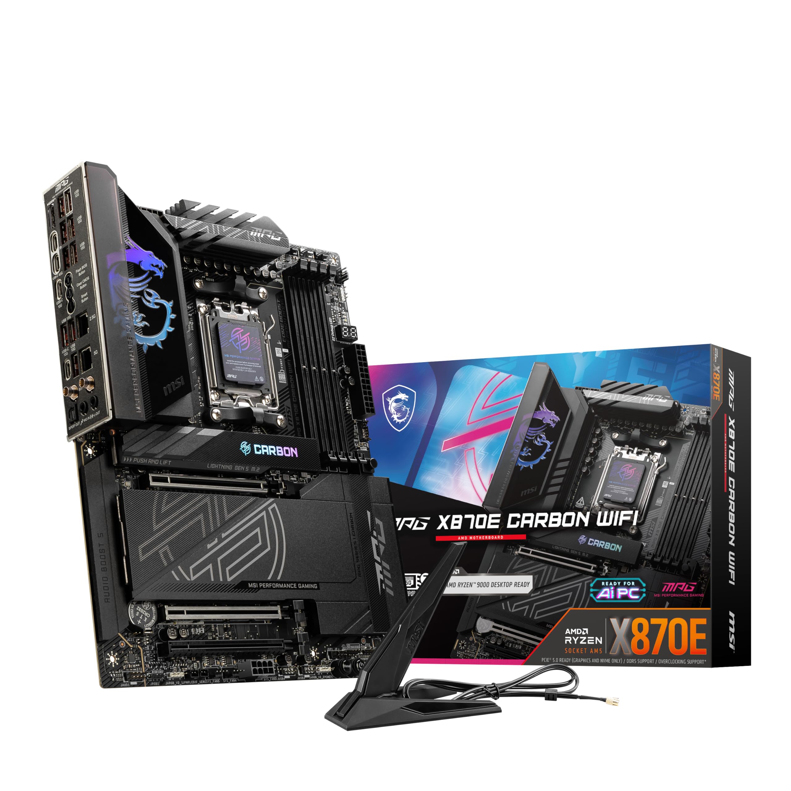 MSI MPG X870E Carbon WiFi - Scheda madre da gioco, processori AMD Ryzen serie 9000/8000/7000, AM5, DDR5, PCIe 5.0, M.2 Gen5, SATA 6Gb/s, USB 40 Gbps, HDMI, Wi-Fi 7, Bluetooth 5.4, LAN 5 Gbps, ATX