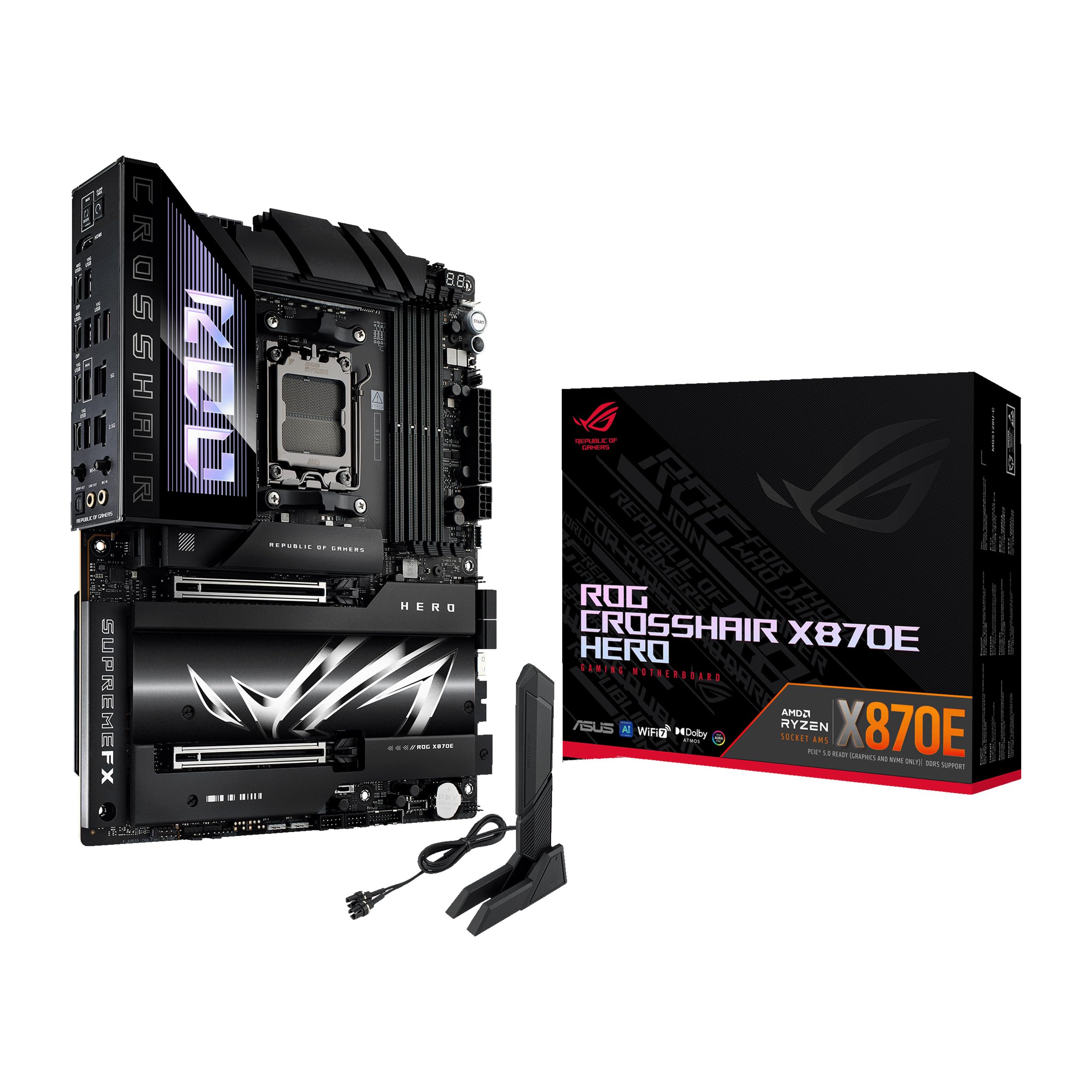 ASUS Motherboard ROG Crosshair X870E Hero AMD X870E AM5 ATX, Advanced AI PC Ready, 18+2+2 Power Stages, DDR5, PCIe 5.0, 5X M.2, Wi-Fi 7, USB4, AI Overclocking, Core Flex, PCIe Slot Q-Release Slim