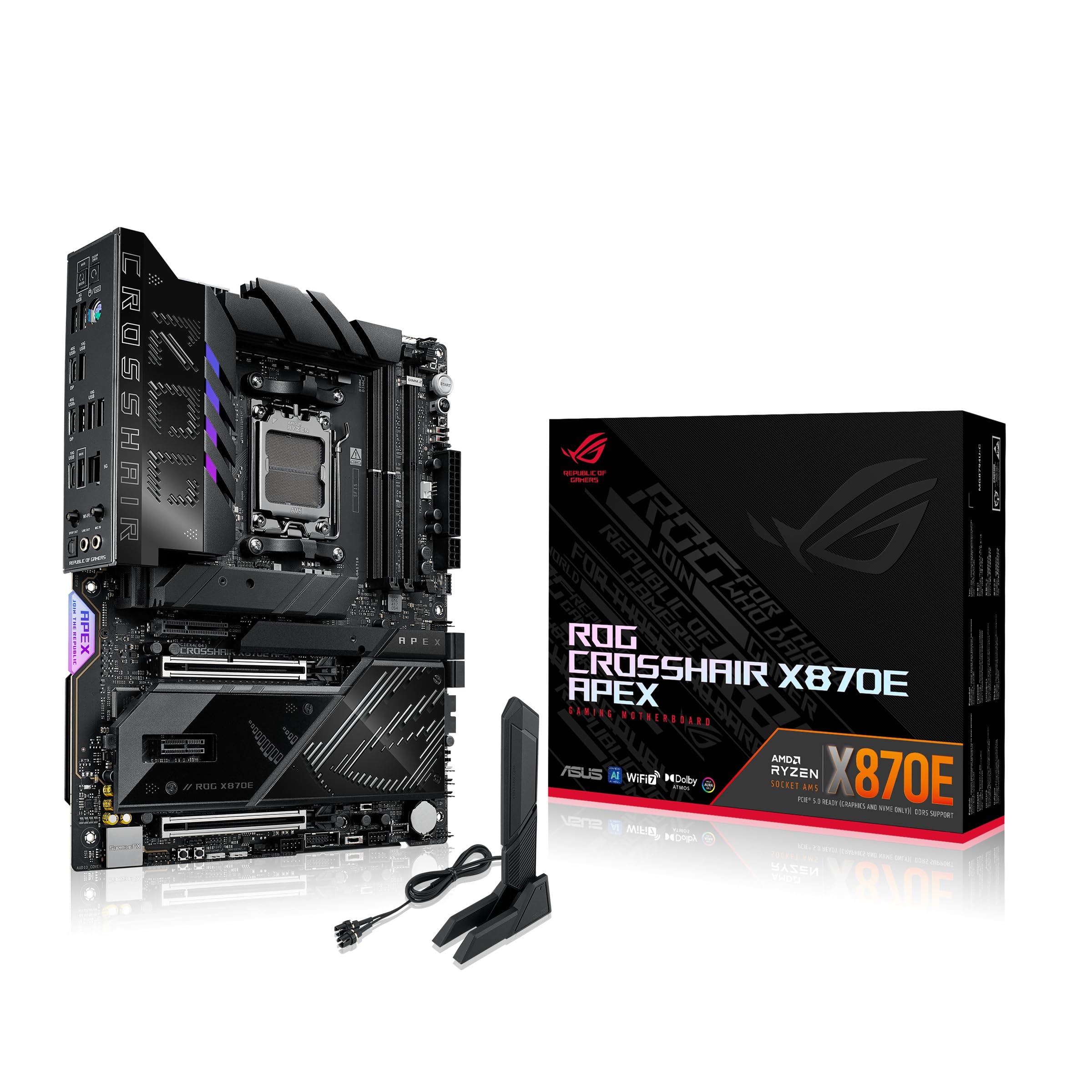 ASUS ROG Crosshair X870E Apex, Scheda Madre ATX, 18+2+2 Stadi di Alimentazione, Slot DDR5, Tre PCIe 5.0, Due PCIe 4.0 M.2, Porte USB4, Wi-Fi 7, Ethernet, AI Overclocking, PCIe Q-Release Slim, Nera